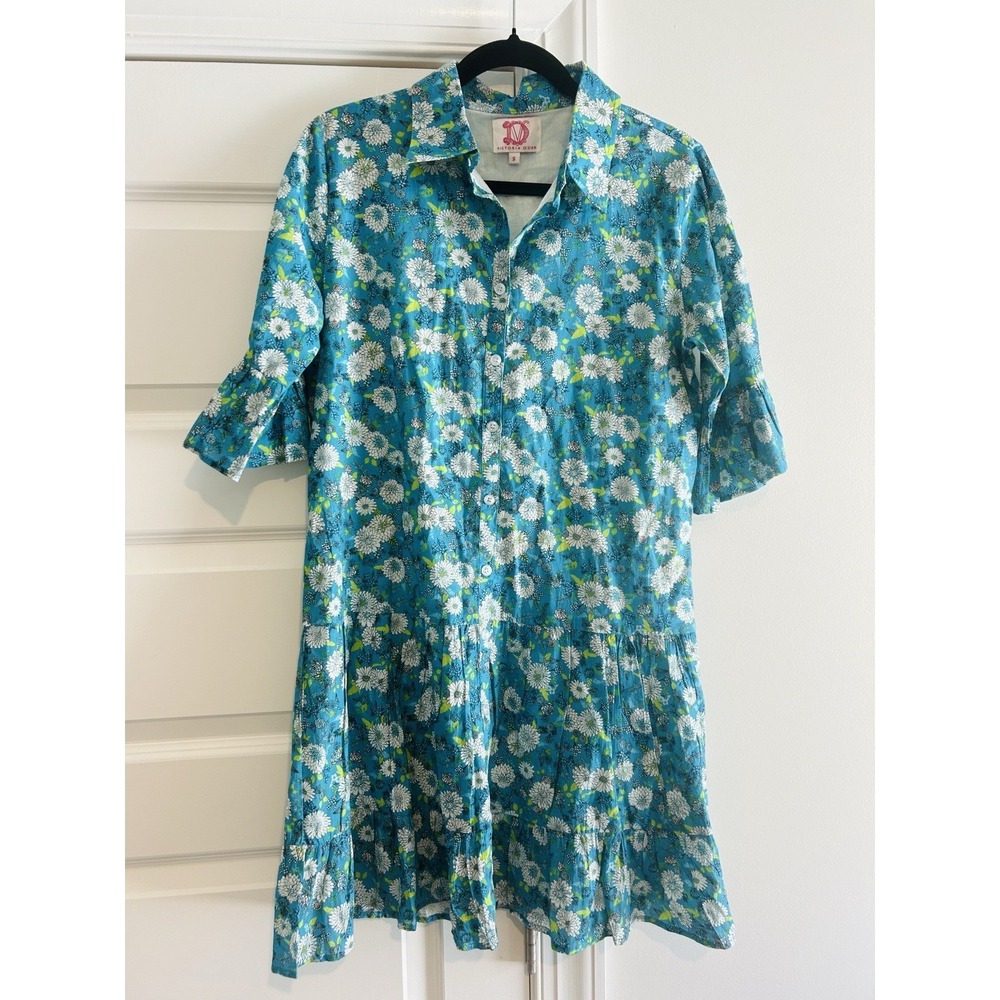 Victoria Dunn Dress Womens S Blue Floral Layered Button Up Ruffle Sleeve Girly